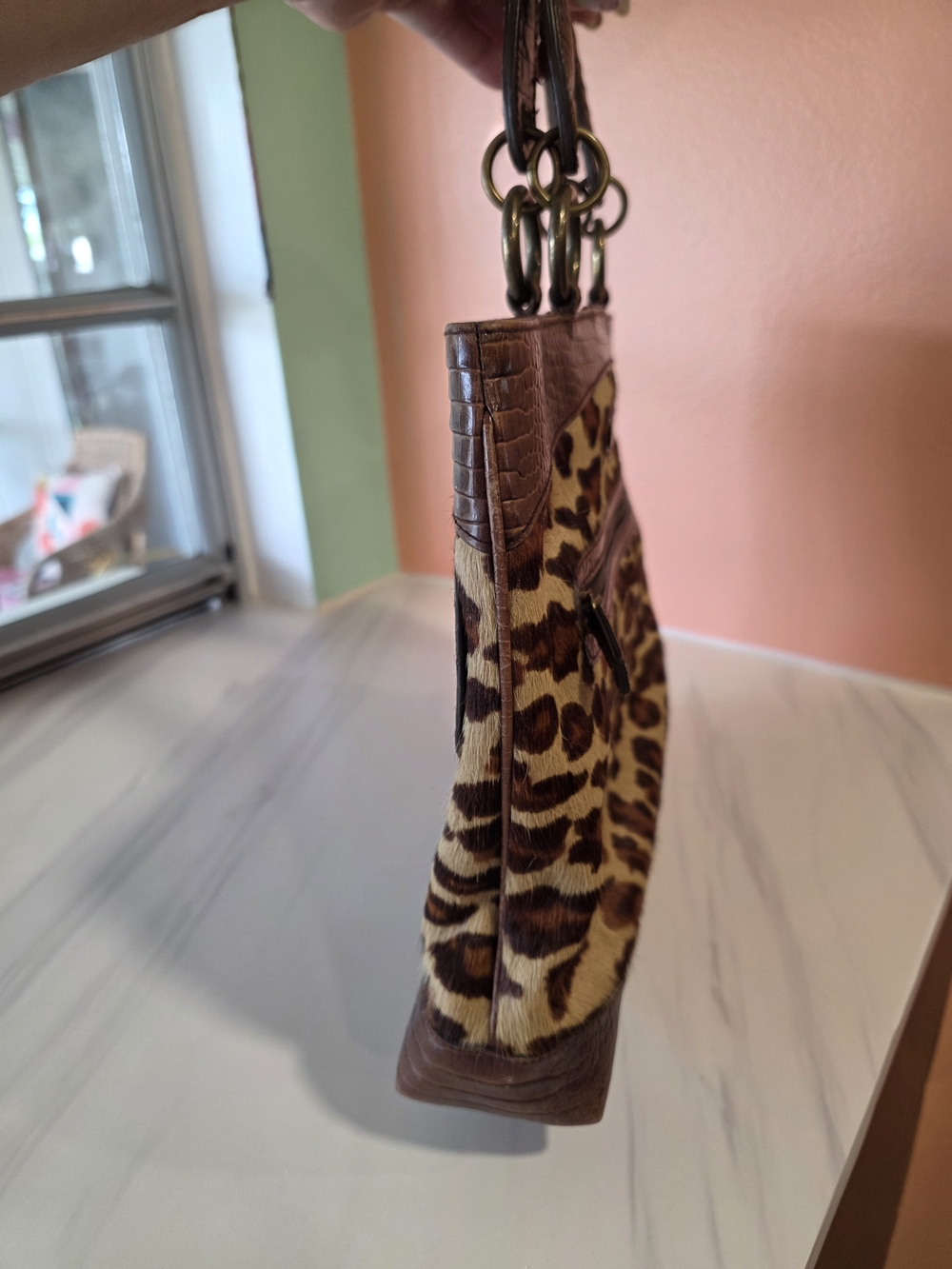 Isabella Fiore Brown Leopard Cowhide Fur Top-Handle Tote Luxury Animal Print Bag - Picture 12 of 16